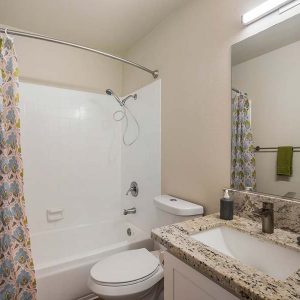 Model unit bathroom decorated in a modern style