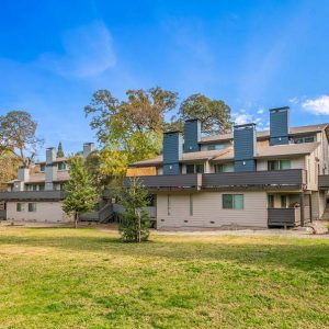 Community landscape and apartment buildings