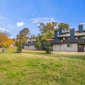 Community landscape and apartment buildings